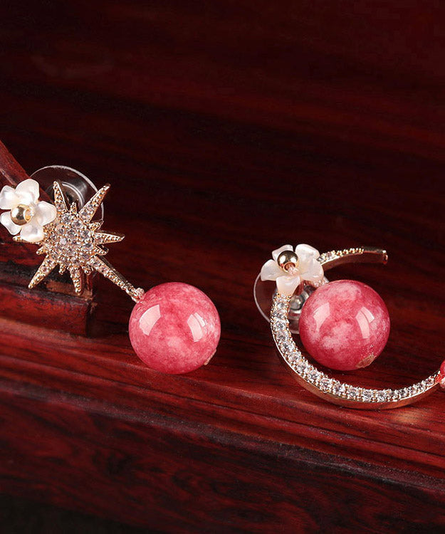 Red Sterling Silver Zircon Shell Flower Asymmetricar Hoop Earrings
