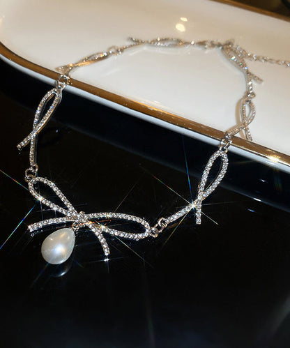 Silk Alloy Zircon Bow Pearl Pendant Necklace