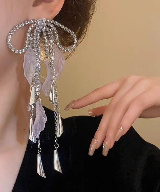 Silk Copper Zircon Acrylic Bow Tassel Drop Earrings