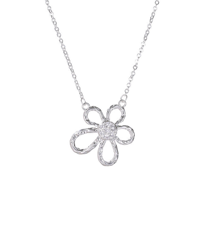 Silk Sterling Silver Zircon Sunflower Hollow Out Pendant Necklace Po007