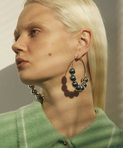 Silvery Round Beads Metal Hoop Earrings