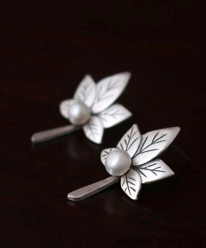 Silver Maple Leaf Nail Bead Stud Earrings