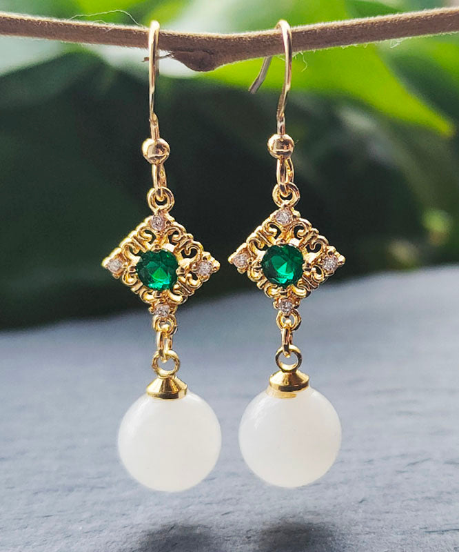 White 14k Gold Inlaid Gem Stone Jade Zircon Drop Earrings