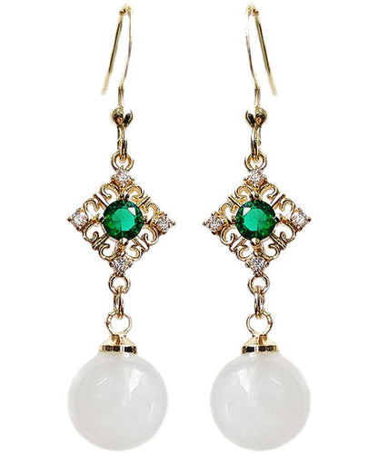 White 14k Gold Inlaid Gem Stone Jade Zircon Drop Earrings