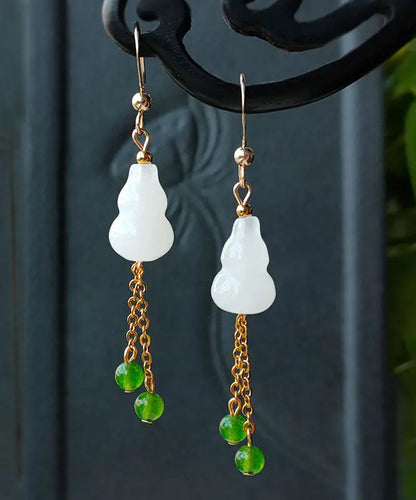 14k Gold Jade Gourd Gem Stone Tassel Drop Earrings