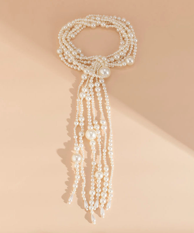 White Alloy Pearl Tassel Locket Necklace Yi007