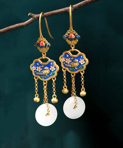 White Ancient Gold Jade Ping Buckle Birds Drop Earrings