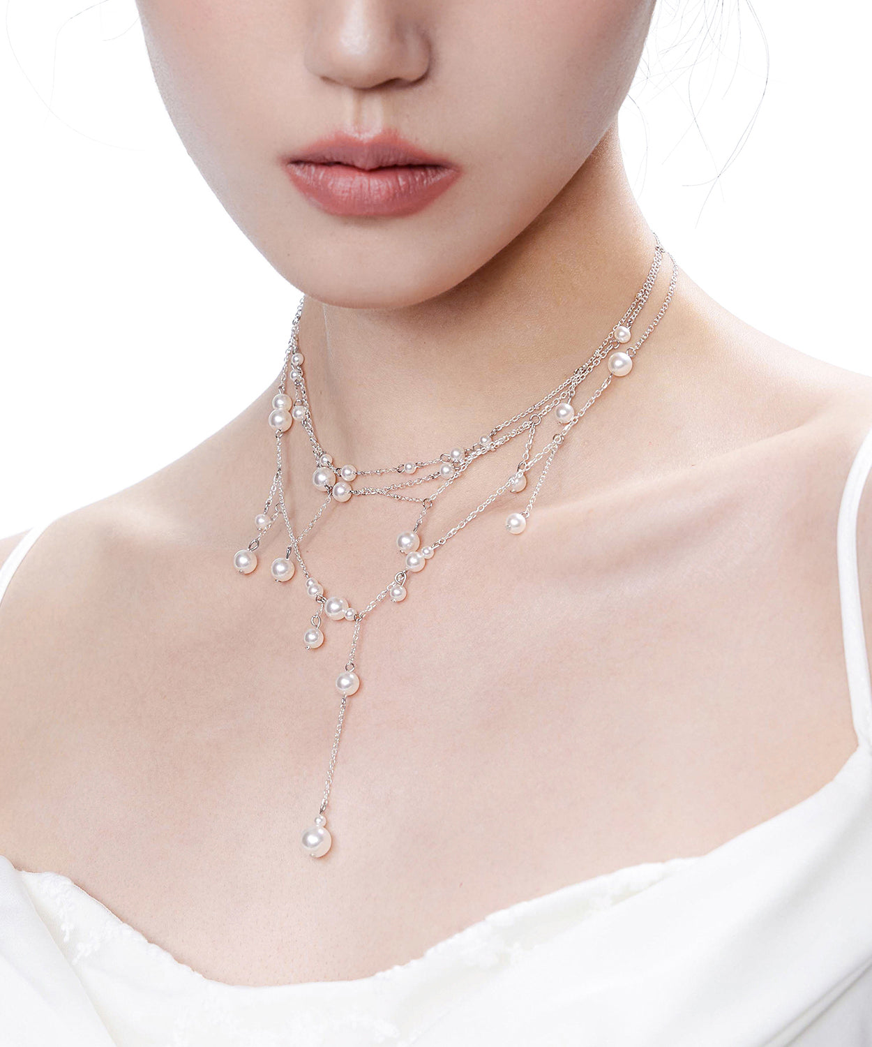 White Pyered Pearl Tassel Multi Layered Silver Necklace