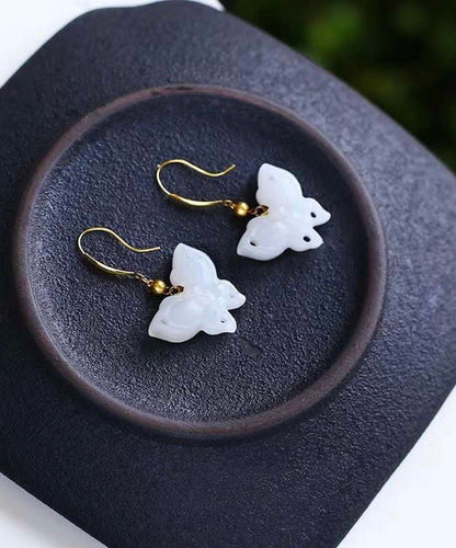 White Sterling Silver Overgild Jade Butterfly Drop Earrings