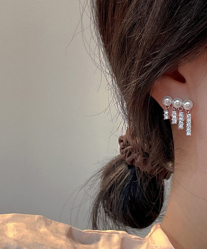 White Sterling Silver Overgild Pearl Zircon Tassel Drop Earrings