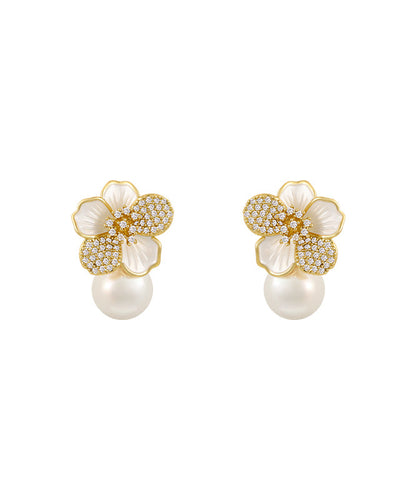 White Sterling Silver Overgild Zircon Pearl Stud Earrings