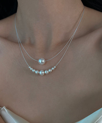 White Sterling Silver Pearl Double Layered Two Piece Set Pendant Necklace