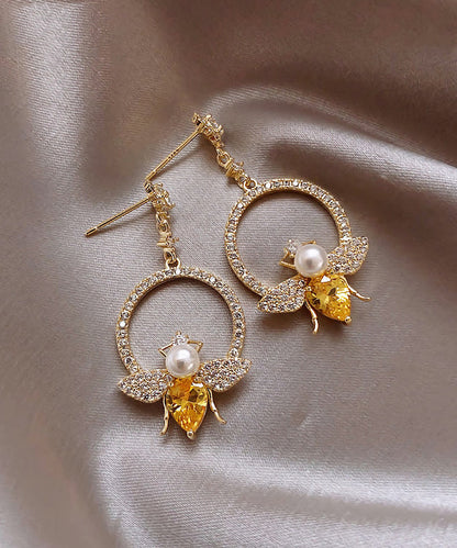 Yellow Alloy Crystal Zircon Bee Hoop Earrings Ly1800