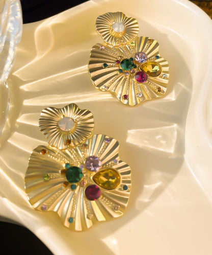 Yellow Alloy Inlaid Pearl Gem Stone Stud Earrings