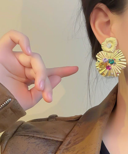 Yellow Alloy Inlaid Pearl Gem Stone Stud Earrings