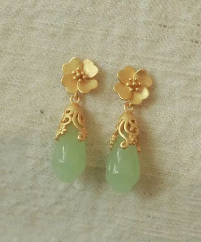 Chinese Style Gold Copper Alloy Jade Water Droplet Drop Earrings
