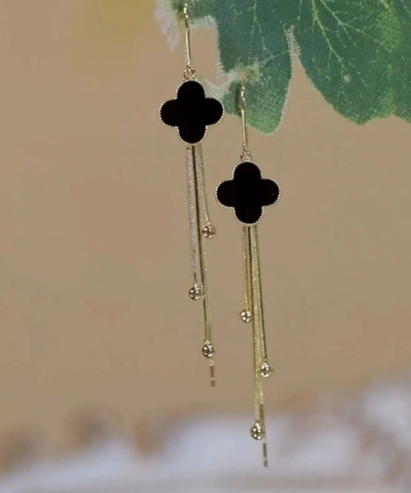 Sterling Silver Black Agate Four Leaf Grass Tassel Drop Earrings