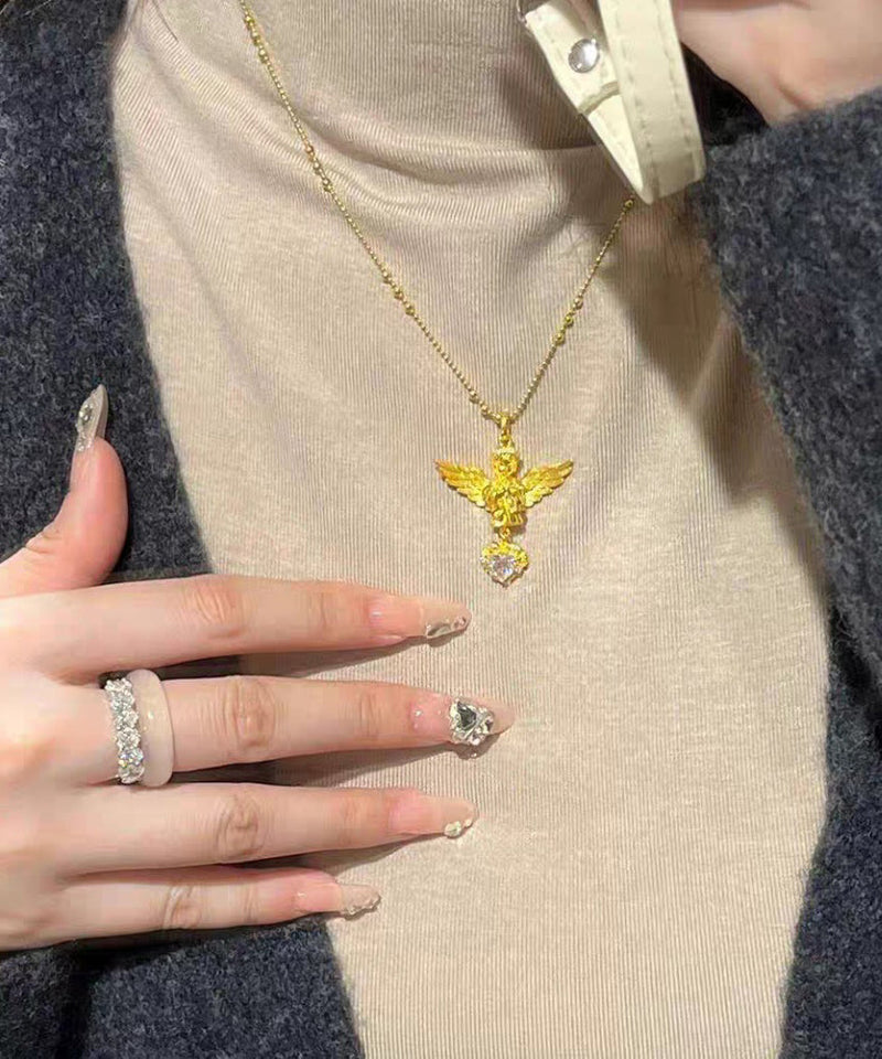 Classy Gold Sterling Silver Overgild Zircon Love Angel Pendant Necklace Yi032