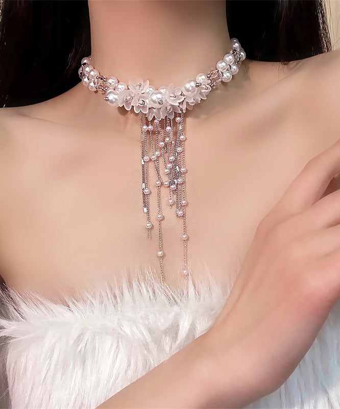 Classy White Alloy Pearl Beading Tassel Lariat Necklace
