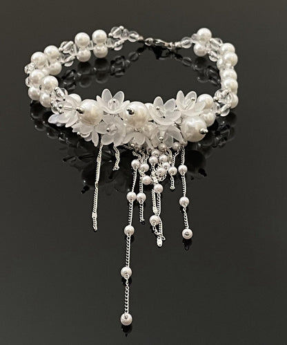 Classy White Alloy Pearl Beading Tassel Lariat Necklace