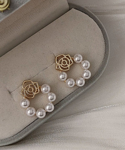 Classy White Copper Overgild Pearl Hollow Out Hoop Earrings