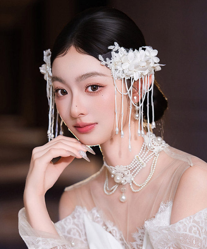 Classy White Lace Lily of the Valley Pearl Tassel a Pair Hairpin