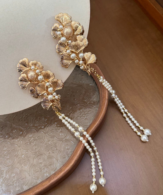Classy Yellow Alloy Pearl Ginkgo Leaf Tassel a Pair Hairpin