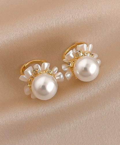 Gold Alloy Zircon Pearl Hoop Earrings