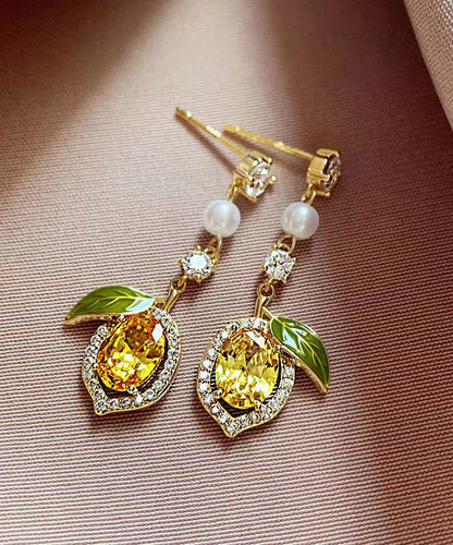 Gold Sterling Silver Alloy Zircon Crystal Pearl Drop Earrings