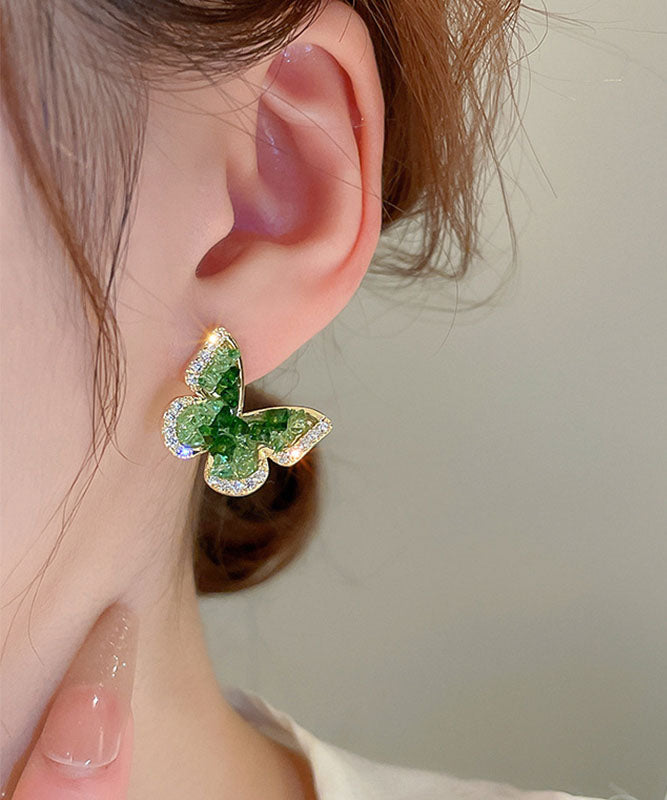 Green Copper Zircon Crystal Butterfly Stud Earrings
