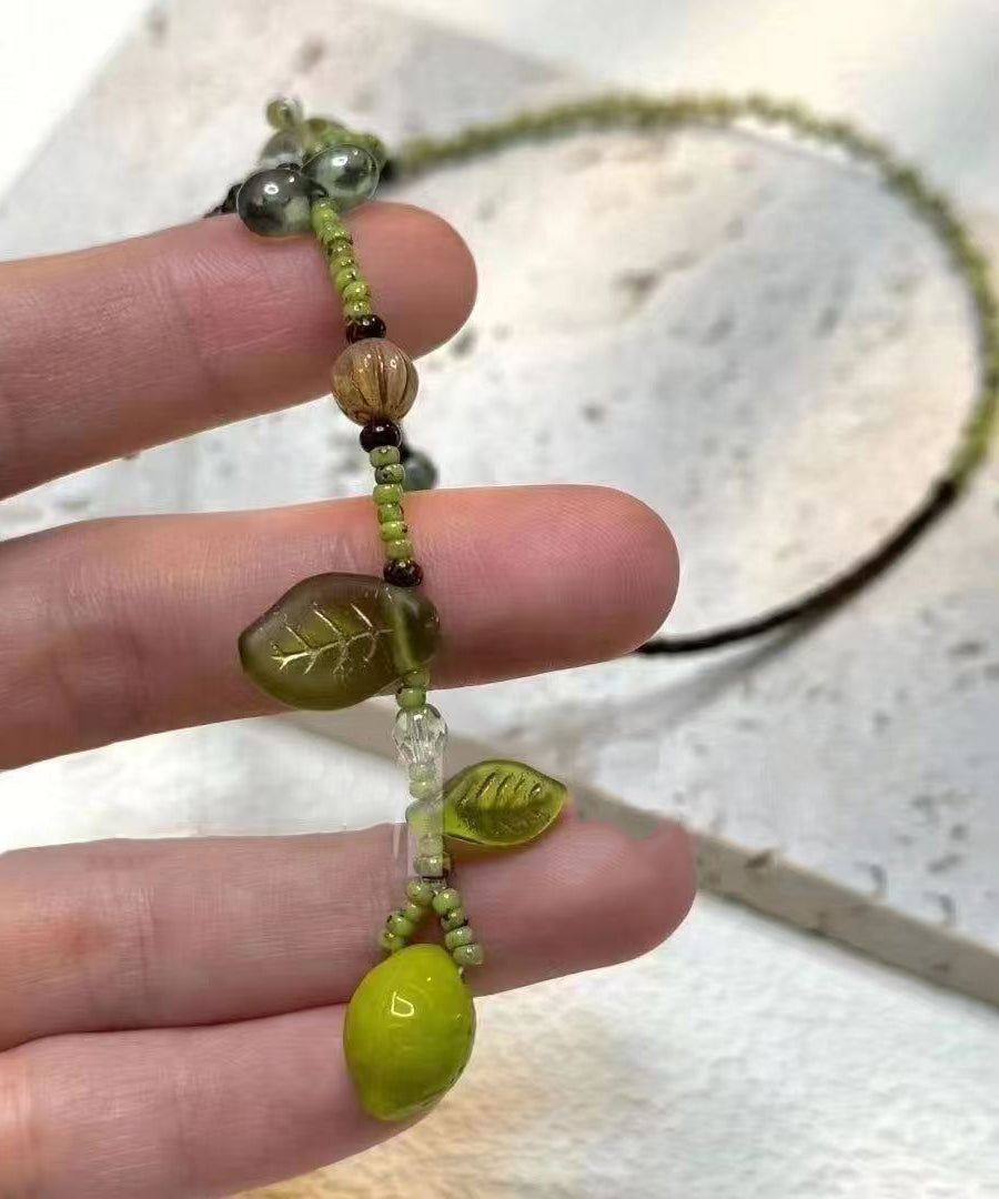 Green Handmade Weaving One Lemon Beading Tassel Pendant Necklace