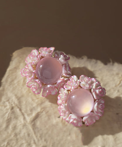 Pink Alloy Inlaid Cat Eye Stone Stud Earrings