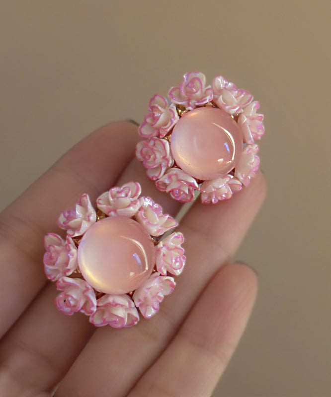 Pink Alloy Inlaid Cat Eye Stone Stud Earrings