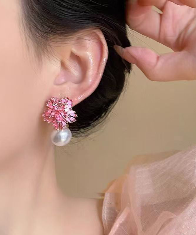 Pink Copper Zircon Pearl Drop Earrings