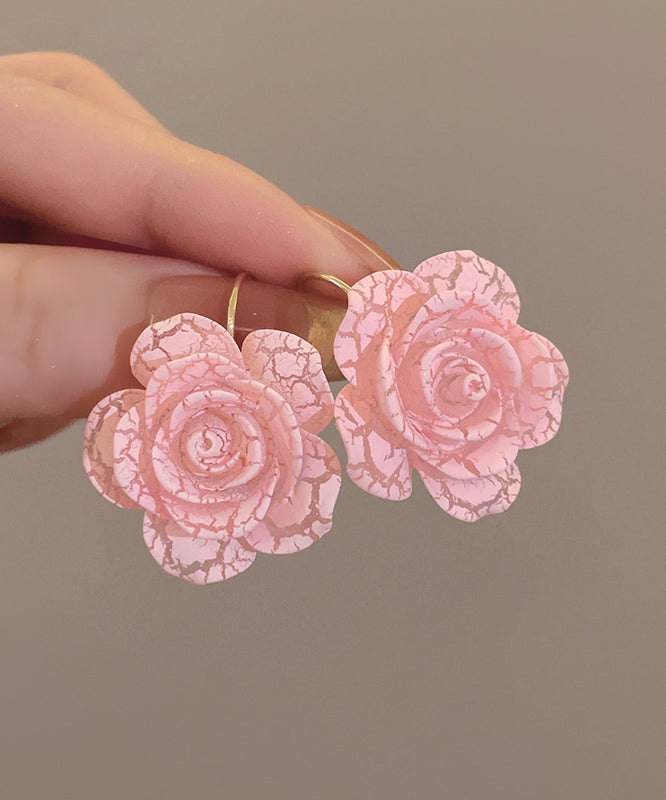 Pink Sterling Silver Alloy Rose Resin Hoop Earrings