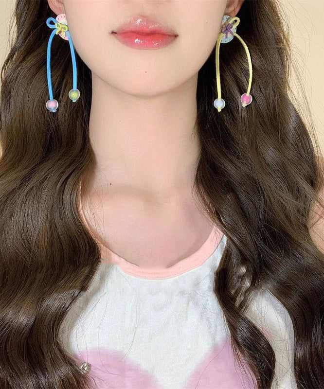 Rainbow Handmade Butto Bow Tassel Drop Earrings