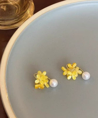 Yellow Copper Acrylic Pearl Hoop Earrings