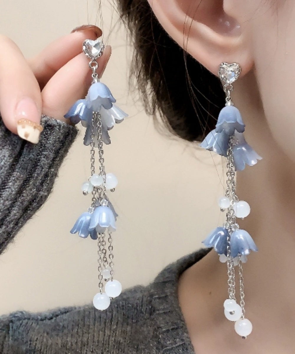 Diy Blue Sterling Silver Zircon Pearl Tassel Drop Earrings Kx1084