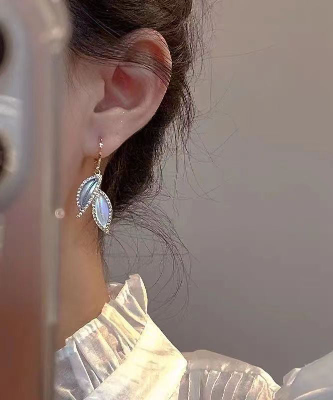 Diy Gold Copper Overgild Zircon Leaves Drop Earrings