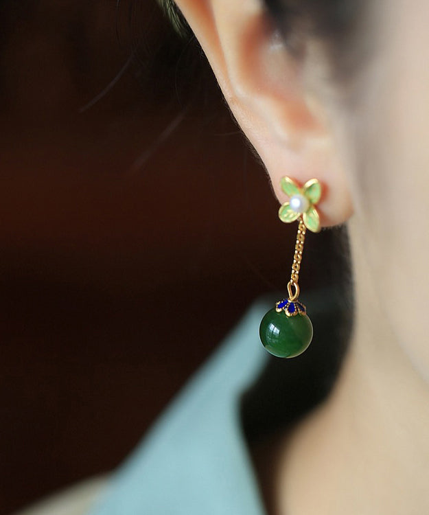 Diy Green Clover Jade Gem Stone Drop Earrings