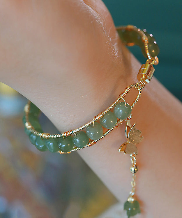 Diy Green Copper Overgild Jade Butterfly Tassel Charm Bracelet Gh1018