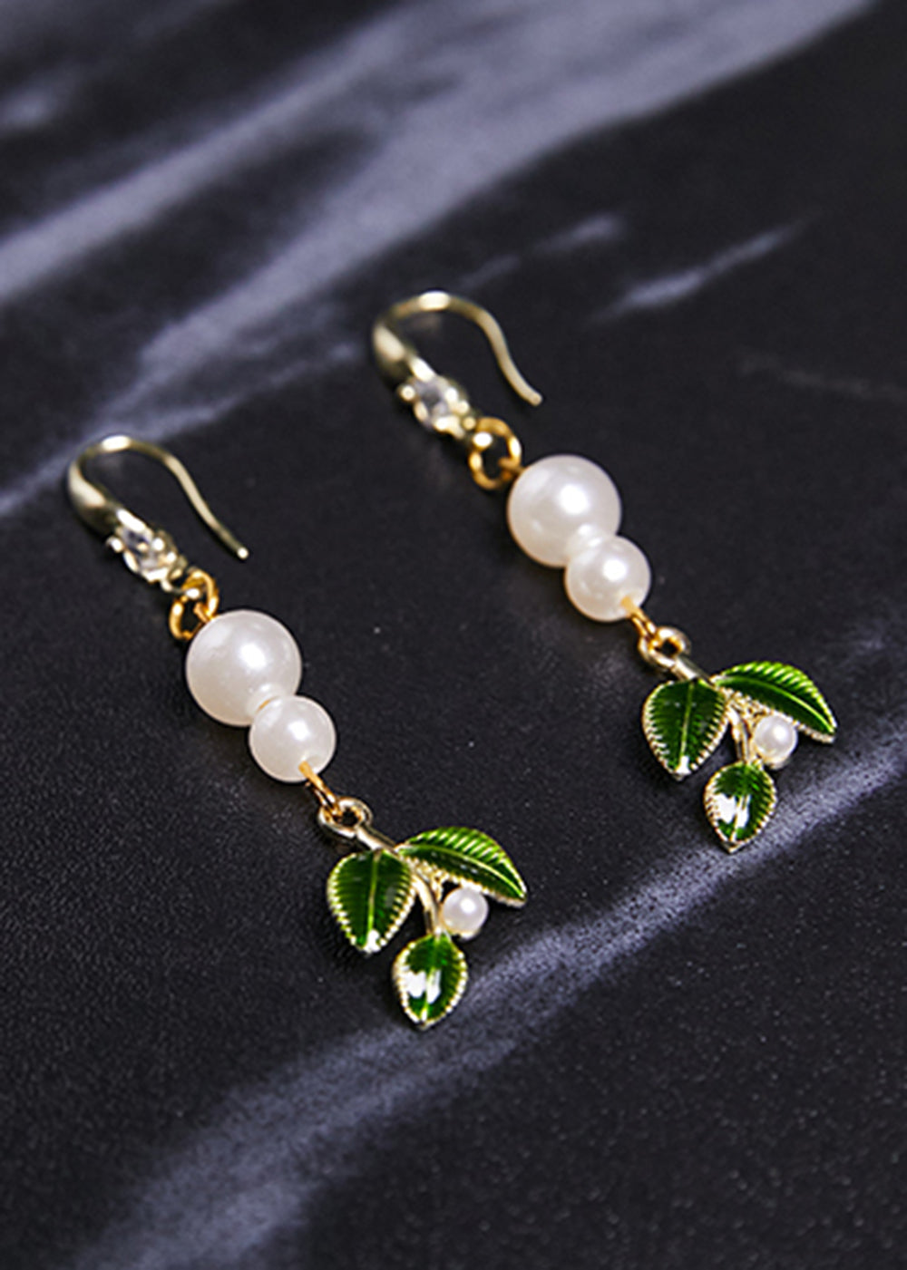 Diy Green Leaf Pearl Zircon Drop Earrings