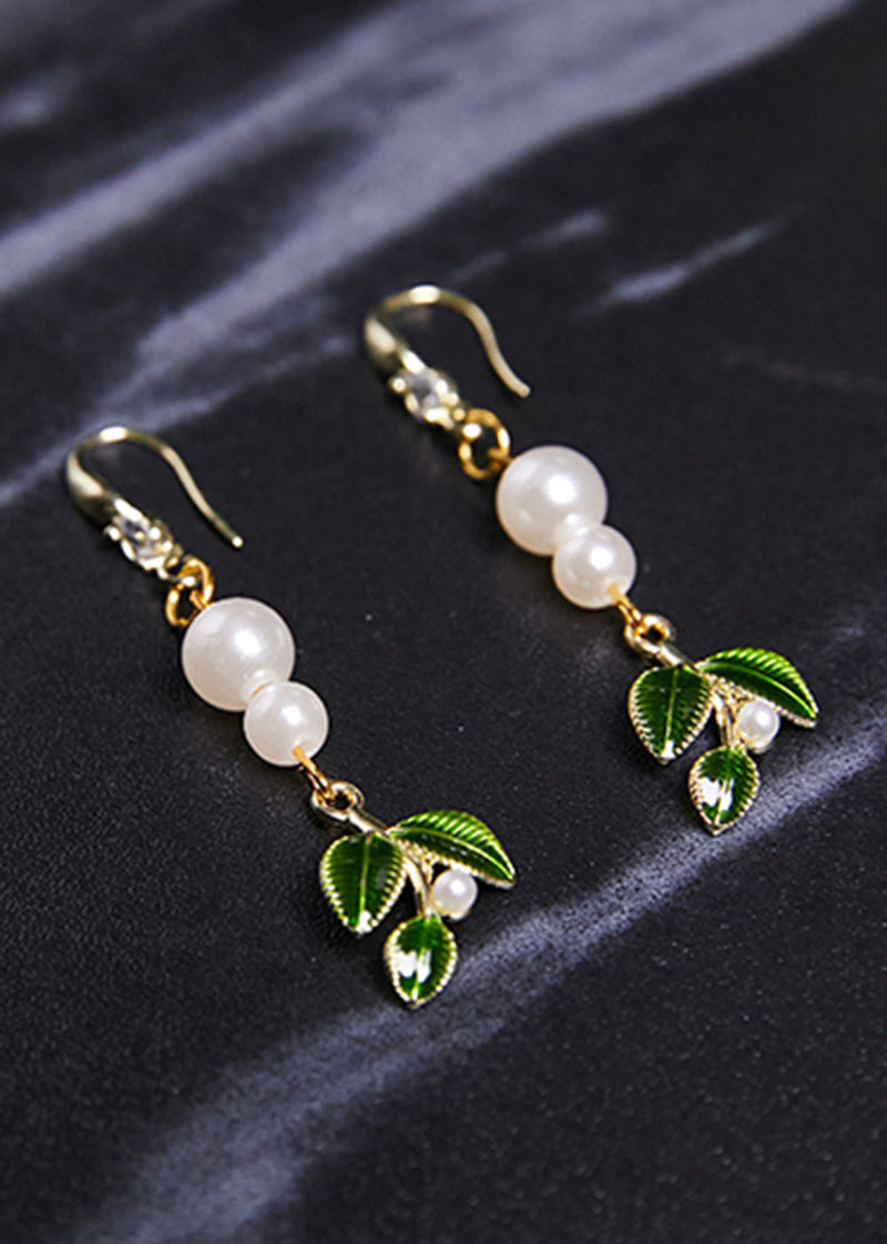 Diy Green Leaf Pearl Zircon Drop Earrings