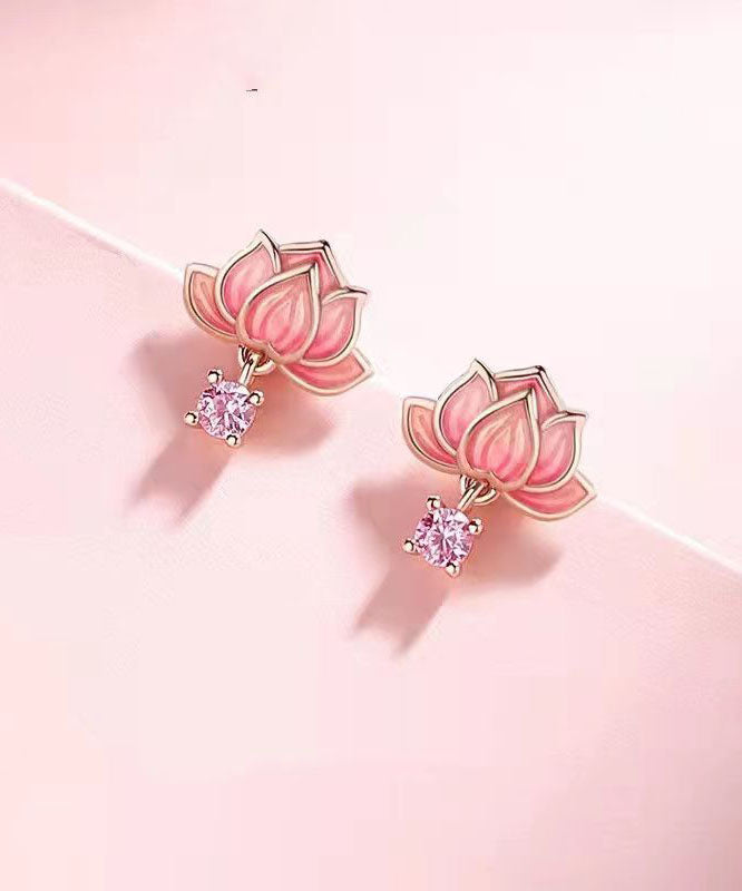 Diy Pink Sterling Silver Overgild Inlaid Zircon Enamerl Stud Earrings