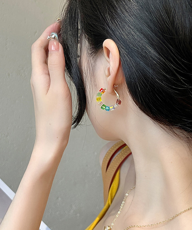 Diy Rainbow Sterling Silver Alloy Crystal Sugar Cube Hoop Earrings
