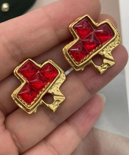 Diy Red Sterling Silver Overgild Crystal Asymmetric Stud Earrings