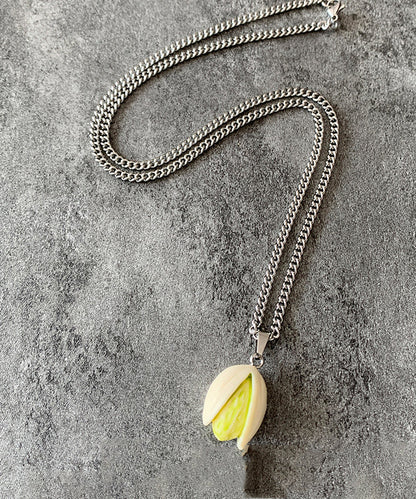 Diy Silk Stainless Steel Resin Pistachios Pendant Necklace Qj019