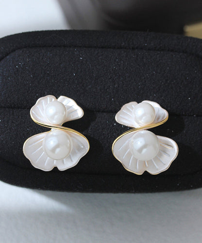 Diy White Copper Overgild Pearl Morning Glory Stud Earrings