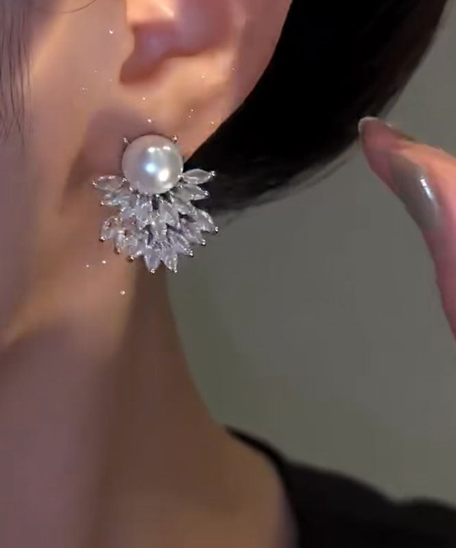 Diy White Sterling Silver Alloy Zircon Pearl Stud Earrings