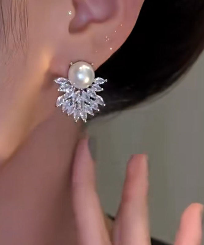 Diy White Sterling Silver Alloy Zircon Pearl Stud Earrings